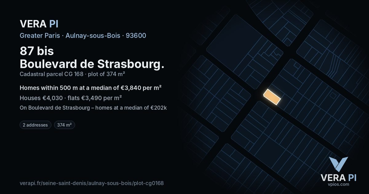 87 bis Boulevard de Strasbourg, Aulnay-sous-Bois at night – the plot lit, the parcels around coloured by the prices near them