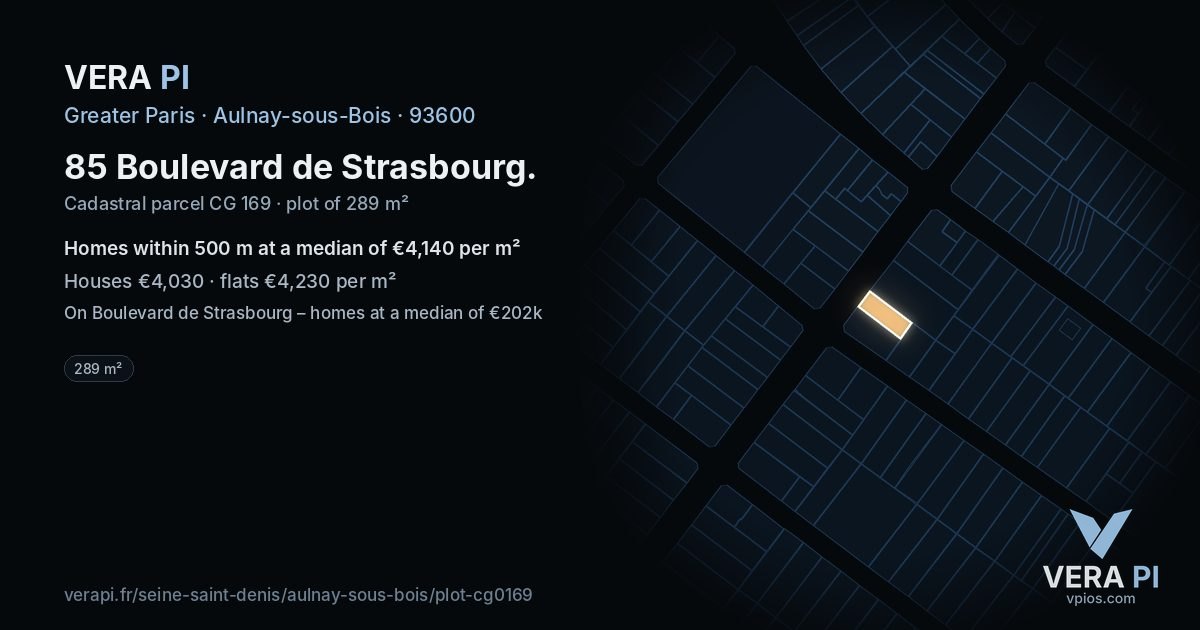 85 Boulevard de Strasbourg, Aulnay-sous-Bois at night – the plot lit, the parcels around coloured by the prices near them