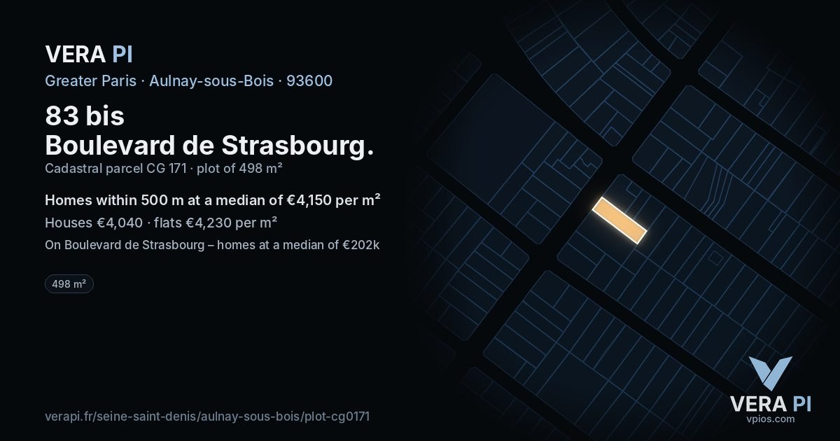 83 bis Boulevard de Strasbourg, Aulnay-sous-Bois at night – the plot lit, the parcels around coloured by the prices near them