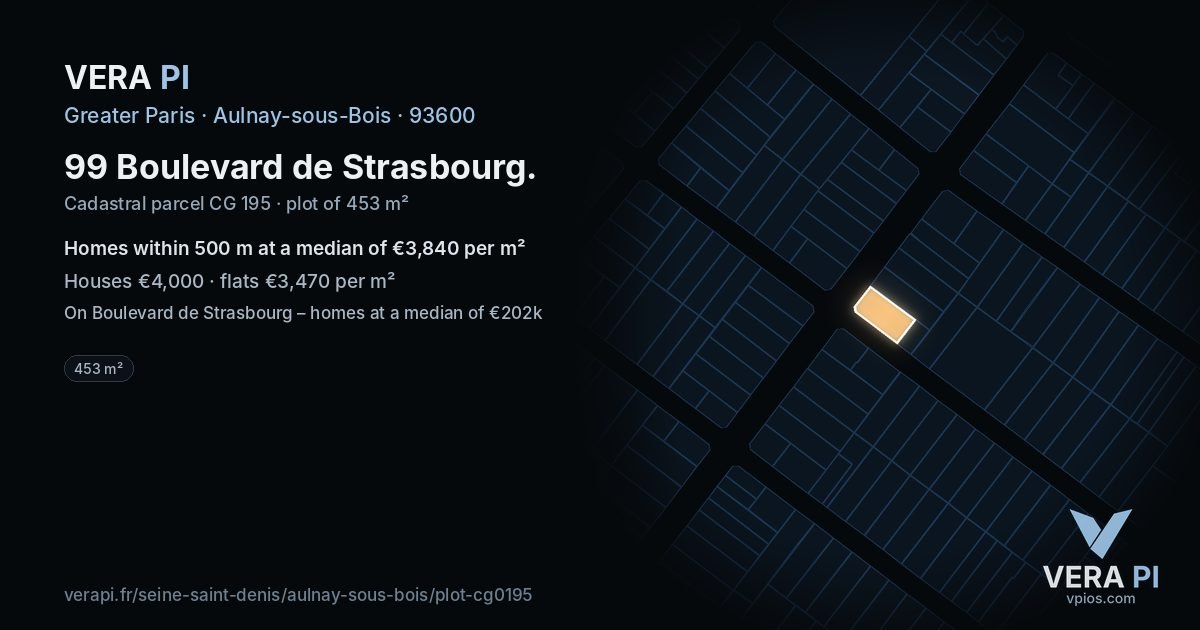 99 Boulevard de Strasbourg, Aulnay-sous-Bois at night – the plot lit, the parcels around coloured by the prices near them
