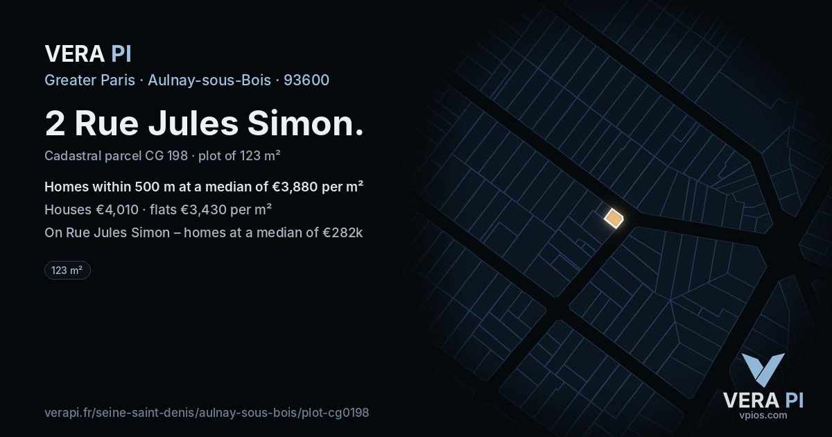 2 Rue Jules Simon, Aulnay-sous-Bois at night – the plot lit, the parcels around coloured by the prices near them