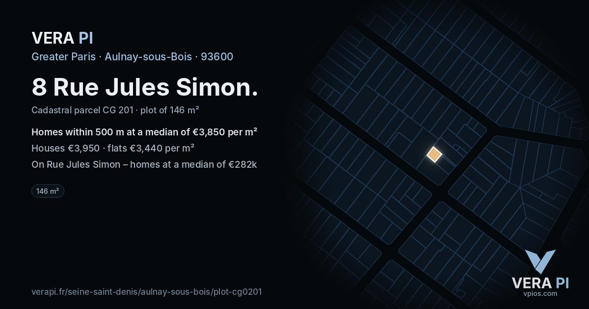 8 Rue Jules Simon, Aulnay-sous-Bois at night – the plot lit, the parcels around coloured by the prices near them