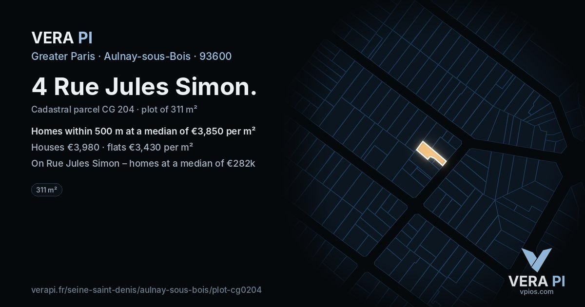 4 Rue Jules Simon, Aulnay-sous-Bois at night – the plot lit, the parcels around coloured by the prices near them