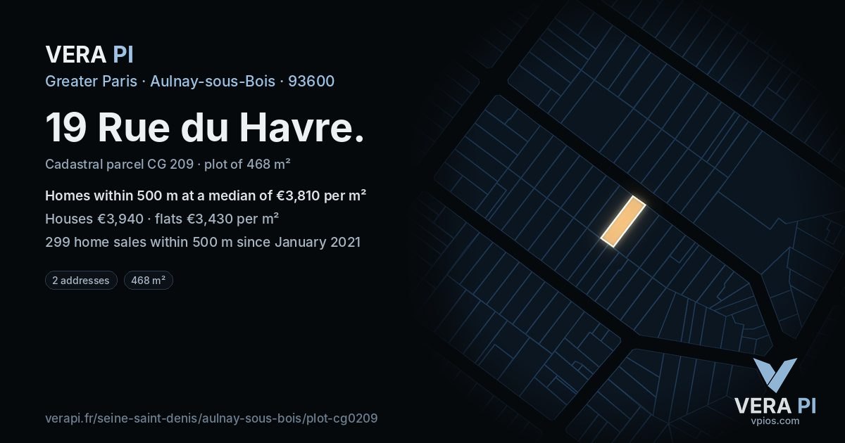 19 Rue du Havre, Aulnay-sous-Bois at night – the plot lit, the parcels around coloured by the prices near them