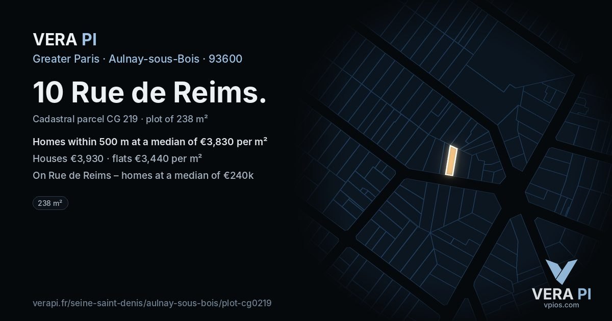 10 Rue de Reims, Aulnay-sous-Bois at night – the plot lit, the parcels around coloured by the prices near them