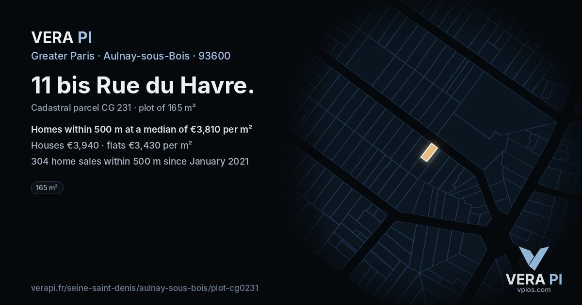 11 bis Rue du Havre, Aulnay-sous-Bois at night – the plot lit, the parcels around coloured by the prices near them