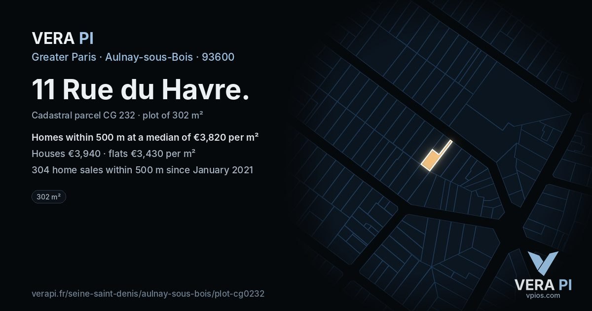 11 Rue du Havre, Aulnay-sous-Bois at night – the plot lit, the parcels around coloured by the prices near them