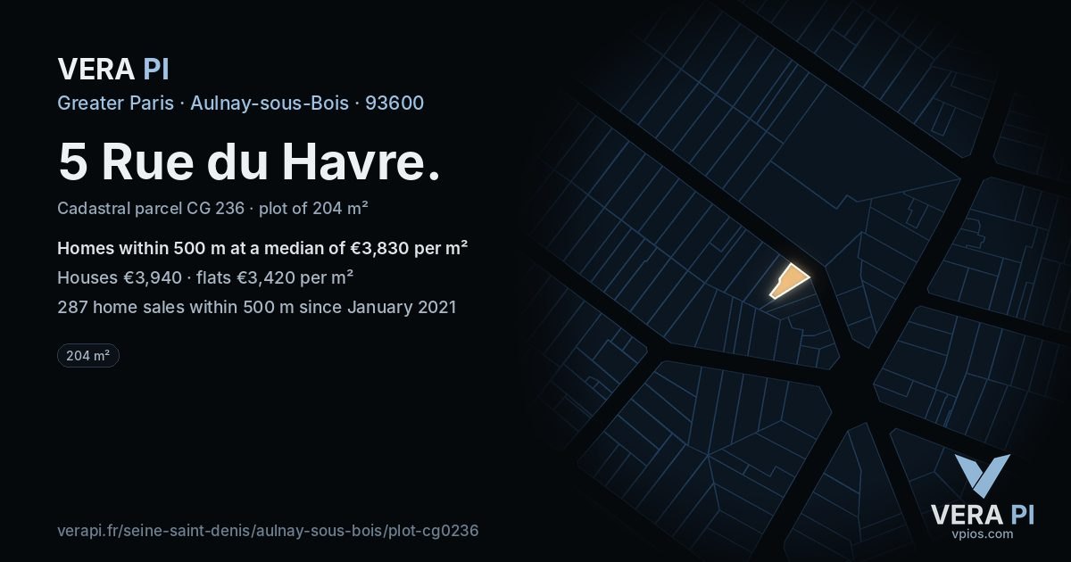 5 Rue du Havre, Aulnay-sous-Bois at night – the plot lit, the parcels around coloured by the prices near them