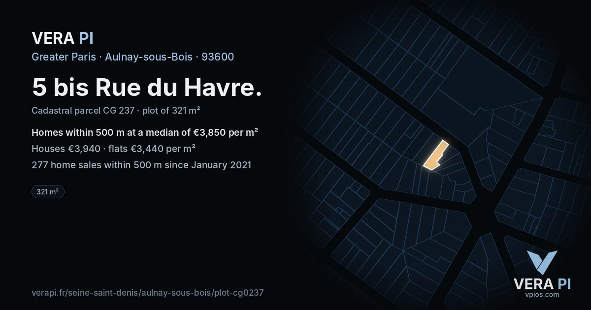 5 bis Rue du Havre, Aulnay-sous-Bois at night – the plot lit, the parcels around coloured by the prices near them