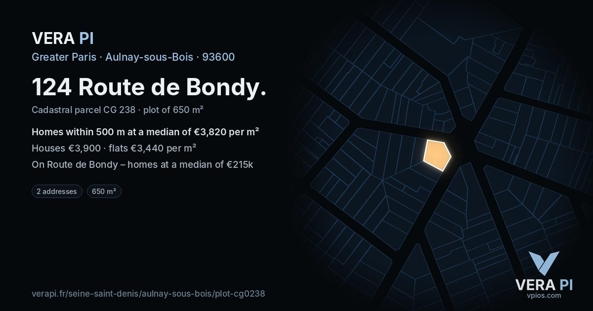 124 Route de Bondy, Aulnay-sous-Bois at night – the plot lit, the parcels around coloured by the prices near them