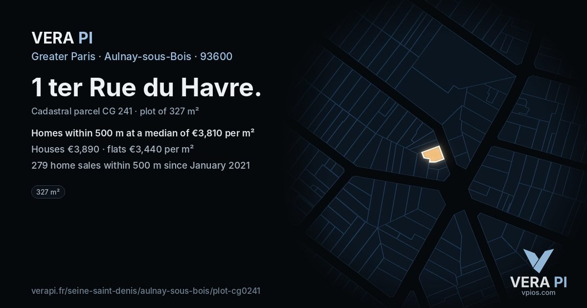 1 ter Rue du Havre, Aulnay-sous-Bois at night – the plot lit, the parcels around coloured by the prices near them