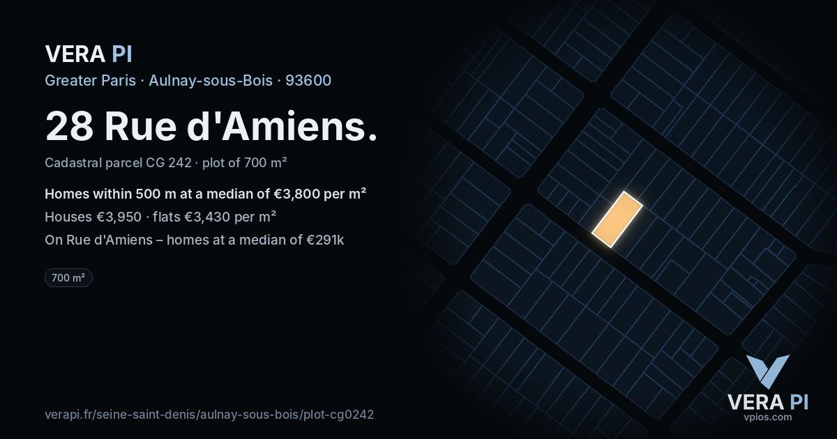 28 Rue d'Amiens, Aulnay-sous-Bois at night – the plot lit, the parcels around coloured by the prices near them