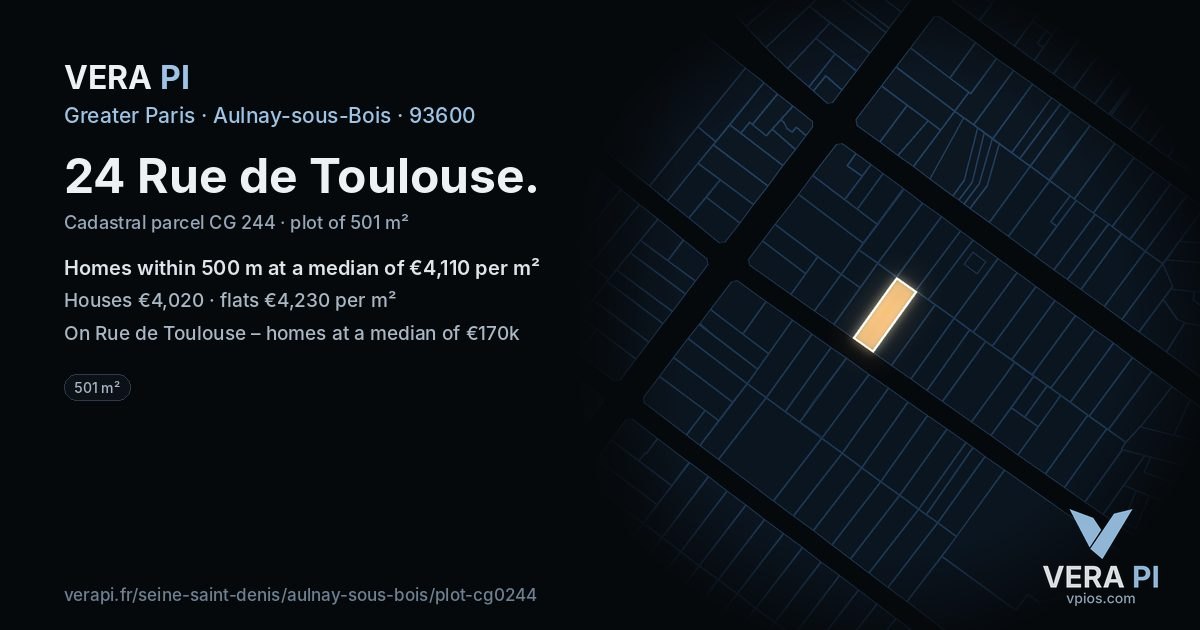 24 Rue de Toulouse, Aulnay-sous-Bois at night – the plot lit, the parcels around coloured by the prices near them