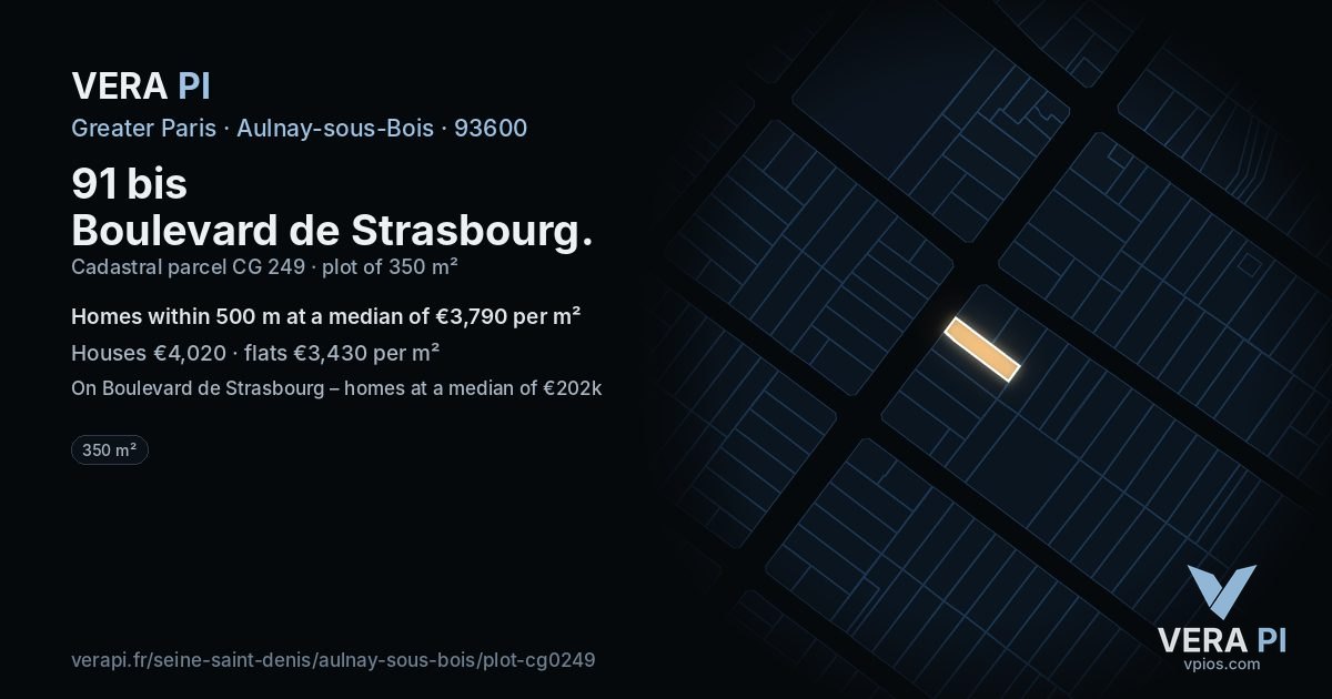 91 bis Boulevard de Strasbourg, Aulnay-sous-Bois at night – the plot lit, the parcels around coloured by the prices near them