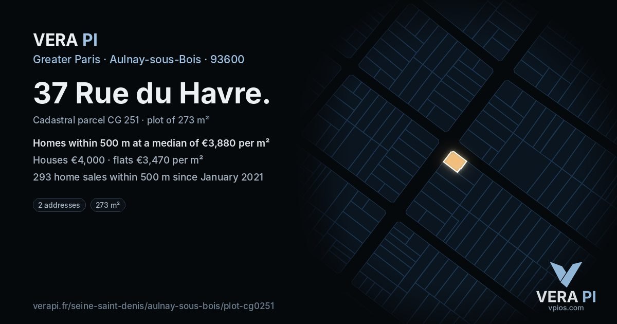 37 Rue du Havre, Aulnay-sous-Bois at night – the plot lit, the parcels around coloured by the prices near them