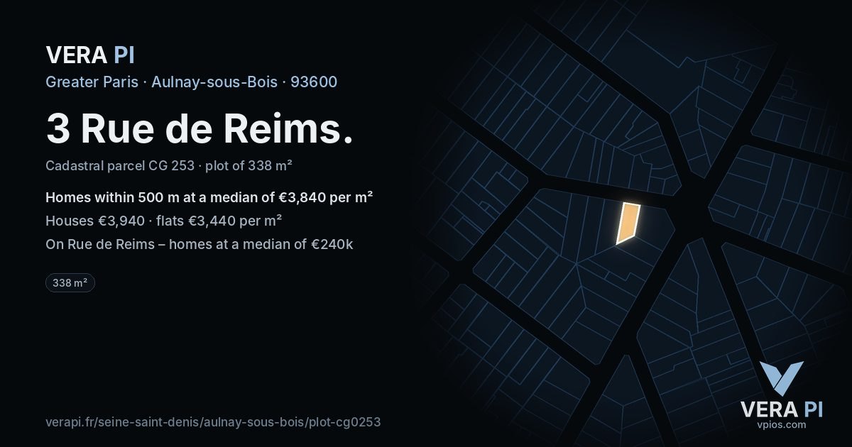 3 Rue de Reims, Aulnay-sous-Bois at night – the plot lit, the parcels around coloured by the prices near them