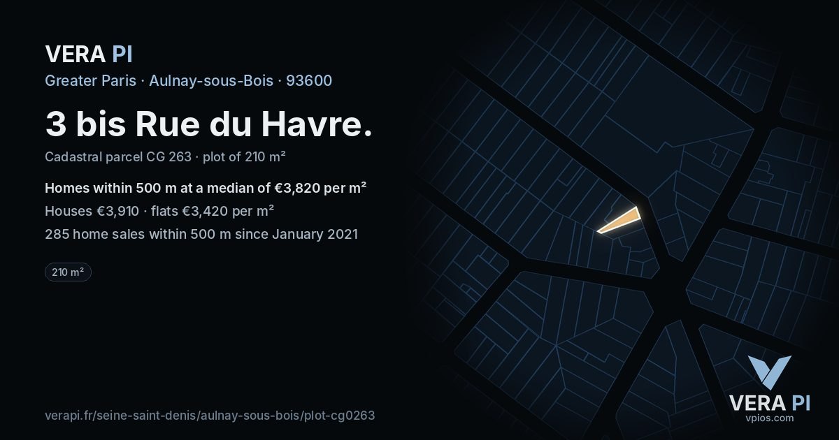 3 bis Rue du Havre, Aulnay-sous-Bois at night – the plot lit, the parcels around coloured by the prices near them