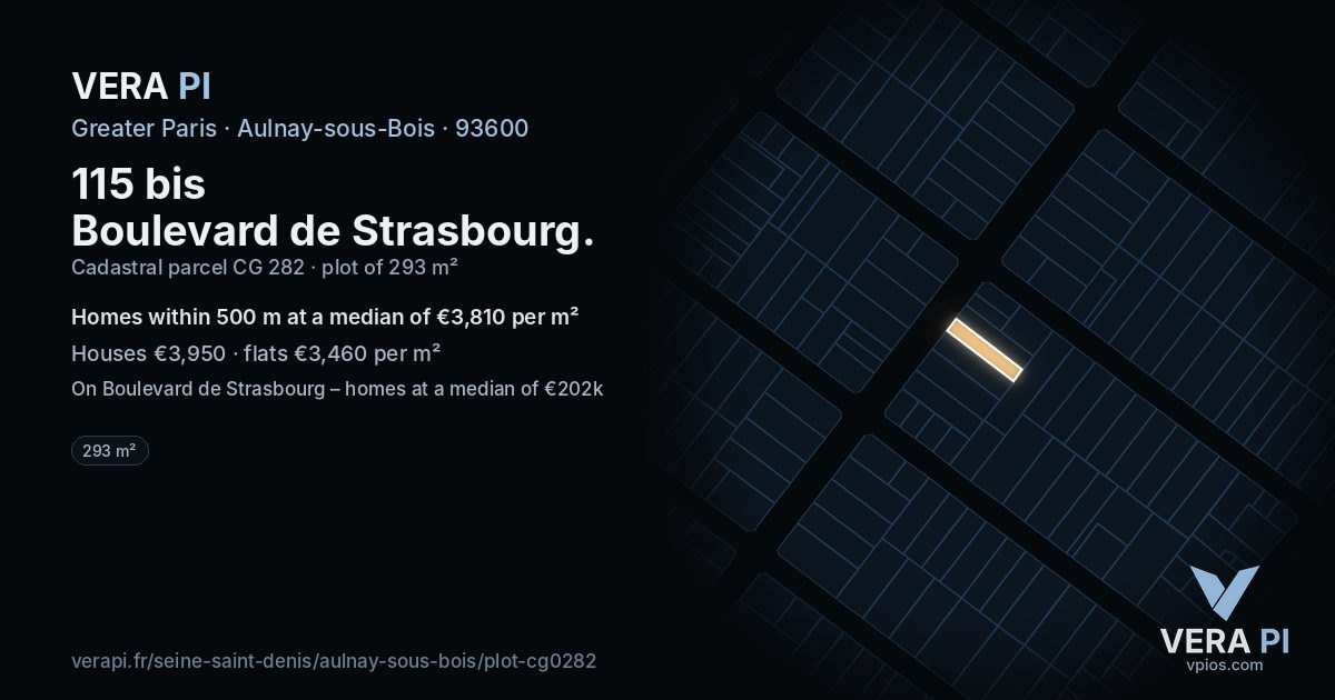 115 bis Boulevard de Strasbourg, Aulnay-sous-Bois at night – the plot lit, the parcels around coloured by the prices near them