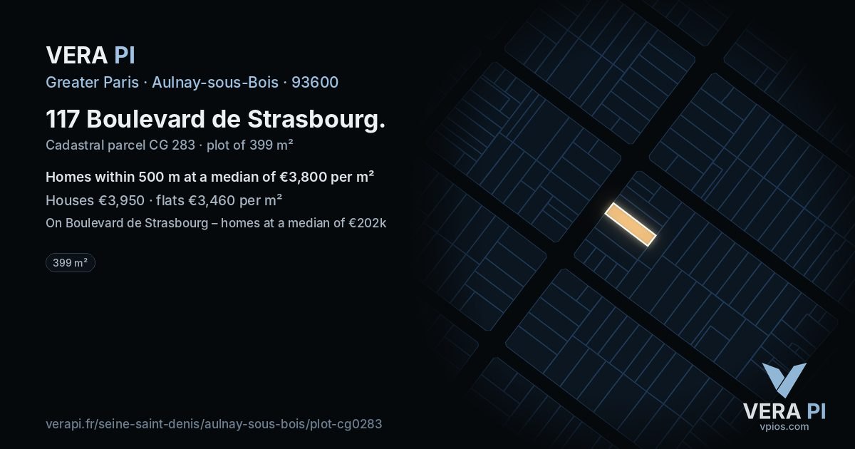 117 Boulevard de Strasbourg, Aulnay-sous-Bois at night – the plot lit, the parcels around coloured by the prices near them