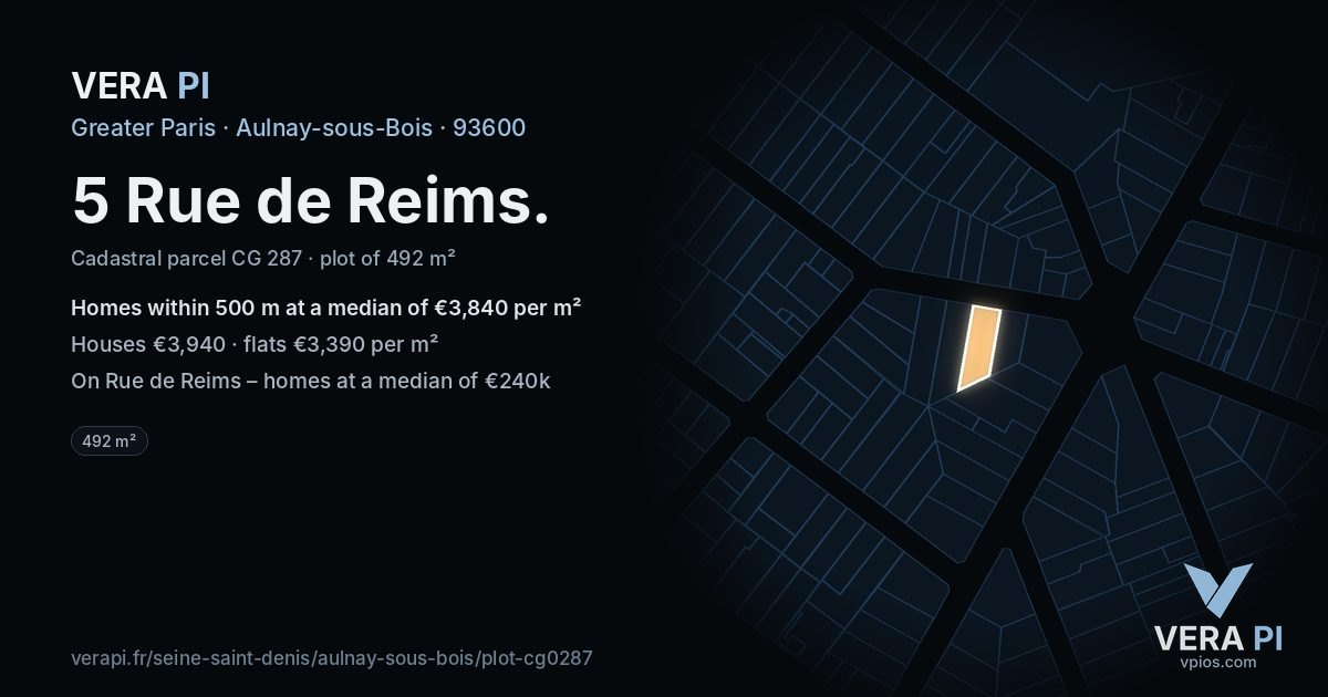 5 Rue de Reims, Aulnay-sous-Bois at night – the plot lit, the parcels around coloured by the prices near them