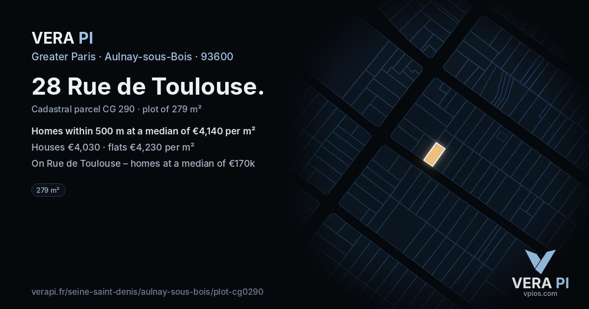 28 Rue de Toulouse, Aulnay-sous-Bois at night – the plot lit, the parcels around coloured by the prices near them