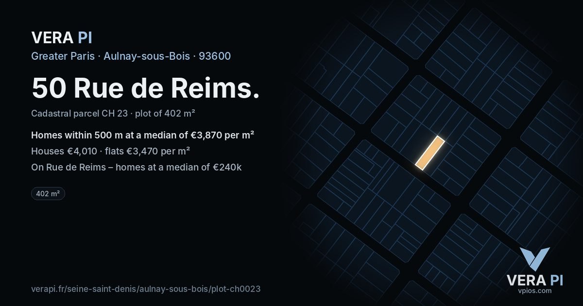50 Rue de Reims, Aulnay-sous-Bois at night – the plot lit, the parcels around coloured by the prices near them