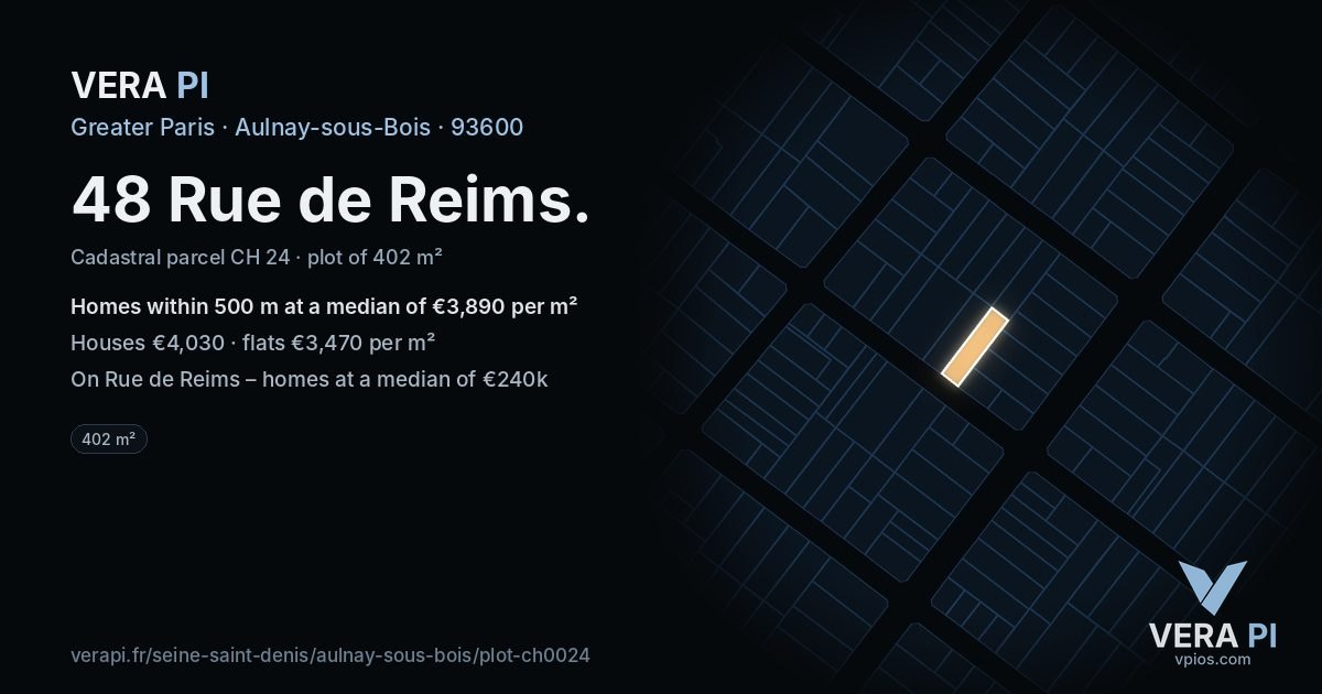 48 Rue de Reims, Aulnay-sous-Bois at night – the plot lit, the parcels around coloured by the prices near them