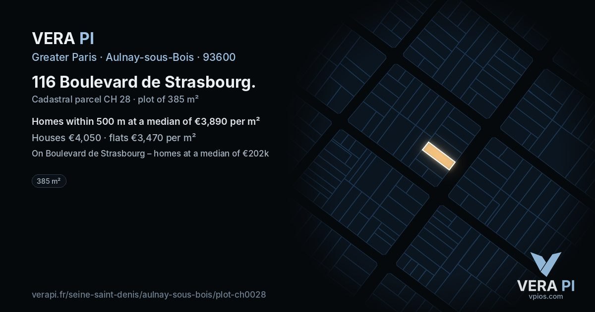 116 Boulevard de Strasbourg, Aulnay-sous-Bois at night – the plot lit, the parcels around coloured by the prices near them