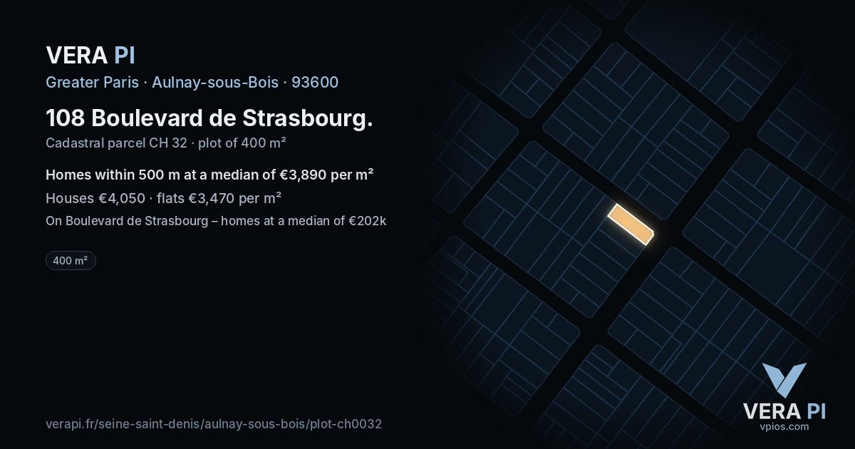 108 Boulevard de Strasbourg, Aulnay-sous-Bois at night – the plot lit, the parcels around coloured by the prices near them