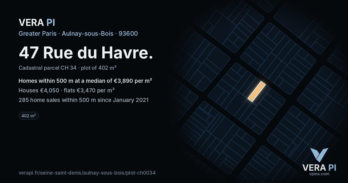 47 Rue du Havre, Aulnay-sous-Bois at night – the plot lit, the parcels around coloured by the prices near them
