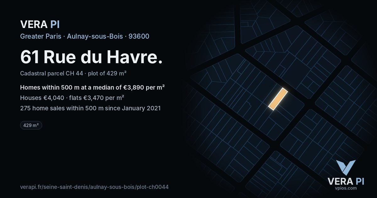 61 Rue du Havre, Aulnay-sous-Bois at night – the plot lit, the parcels around coloured by the prices near them