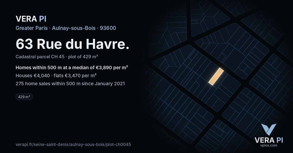 63 Rue du Havre, Aulnay-sous-Bois at night – the plot lit, the parcels around coloured by the prices near them