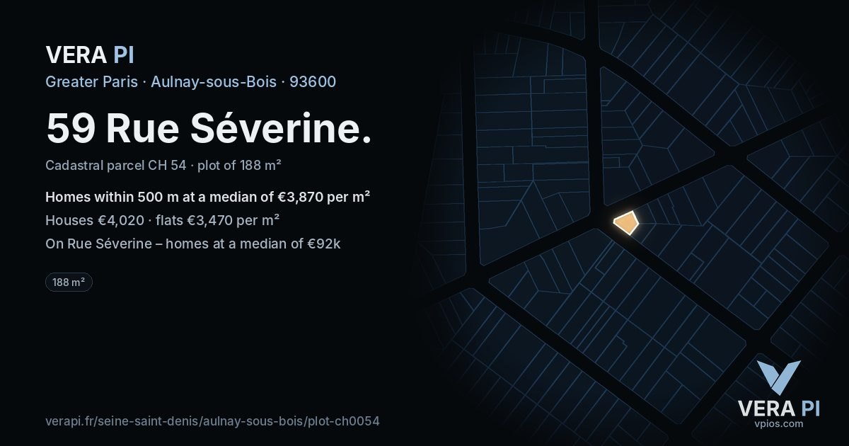 59 Rue Séverine, Aulnay-sous-Bois at night – the plot lit, the parcels around coloured by the prices near them