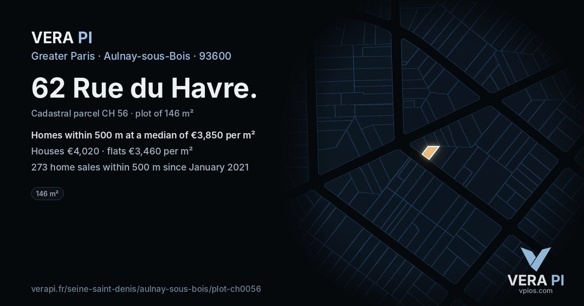 62 Rue du Havre, Aulnay-sous-Bois at night – the plot lit, the parcels around coloured by the prices near them
