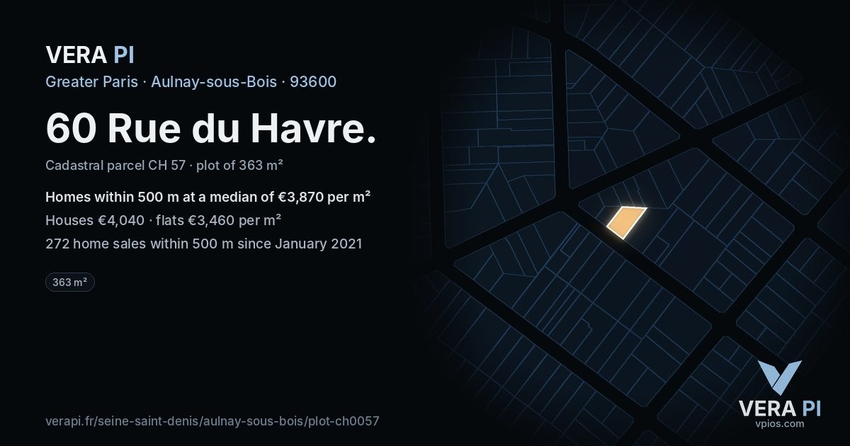60 Rue du Havre, Aulnay-sous-Bois at night – the plot lit, the parcels around coloured by the prices near them