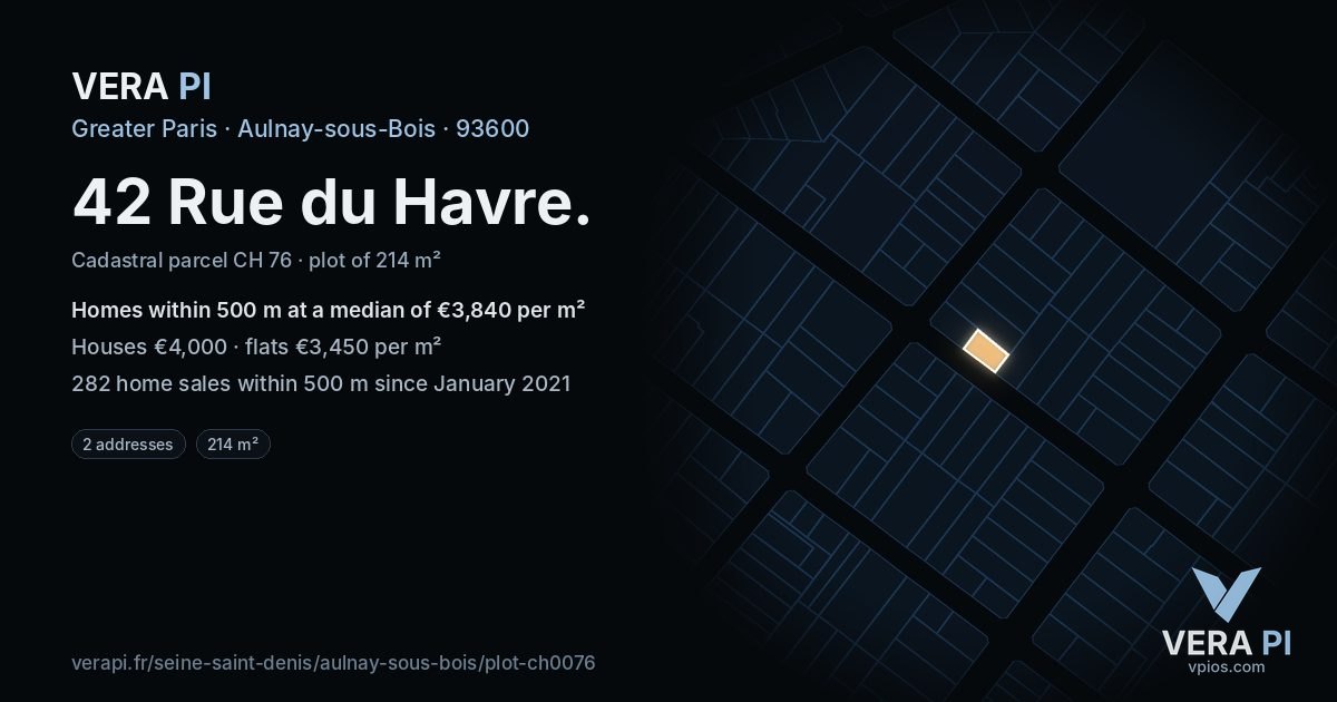 42 Rue du Havre, Aulnay-sous-Bois at night – the plot lit, the parcels around coloured by the prices near them
