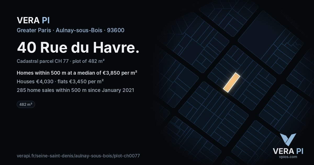 40 Rue du Havre, Aulnay-sous-Bois at night – the plot lit, the parcels around coloured by the prices near them