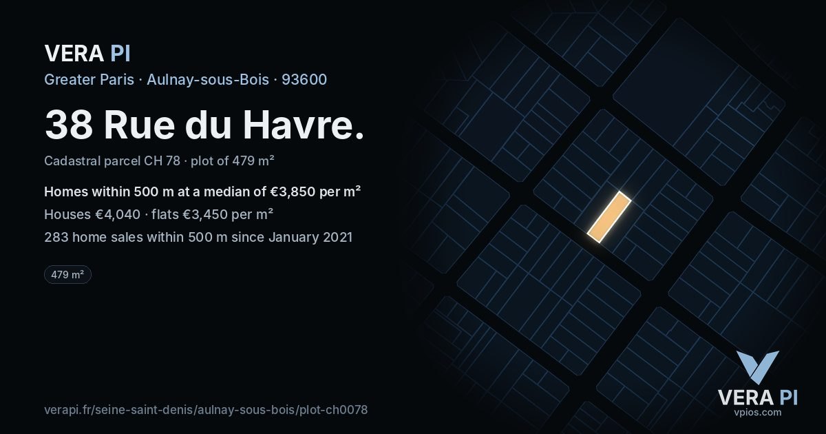 38 Rue du Havre, Aulnay-sous-Bois at night – the plot lit, the parcels around coloured by the prices near them