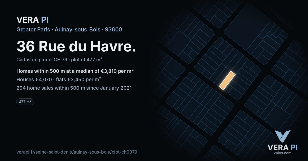 36 Rue du Havre, Aulnay-sous-Bois at night – the plot lit, the parcels around coloured by the prices near them
