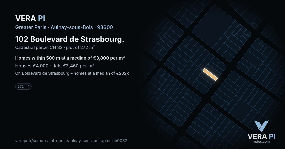 102 Boulevard de Strasbourg, Aulnay-sous-Bois at night – the plot lit, the parcels around coloured by the prices near them