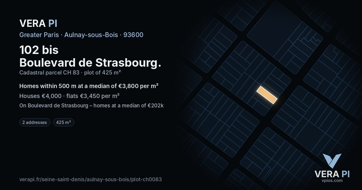102 bis Boulevard de Strasbourg, Aulnay-sous-Bois at night – the plot lit, the parcels around coloured by the prices near them