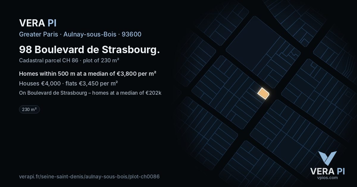 98 Boulevard de Strasbourg, Aulnay-sous-Bois at night – the plot lit, the parcels around coloured by the prices near them