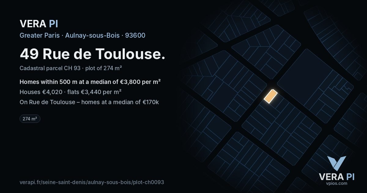 49 Rue de Toulouse, Aulnay-sous-Bois at night – the plot lit, the parcels around coloured by the prices near them