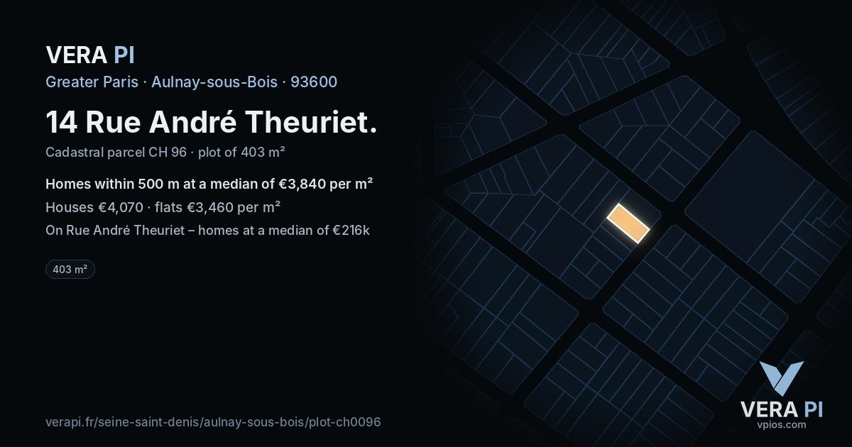 14 Rue André Theuriet, Aulnay-sous-Bois at night – the plot lit, the parcels around coloured by the prices near them
