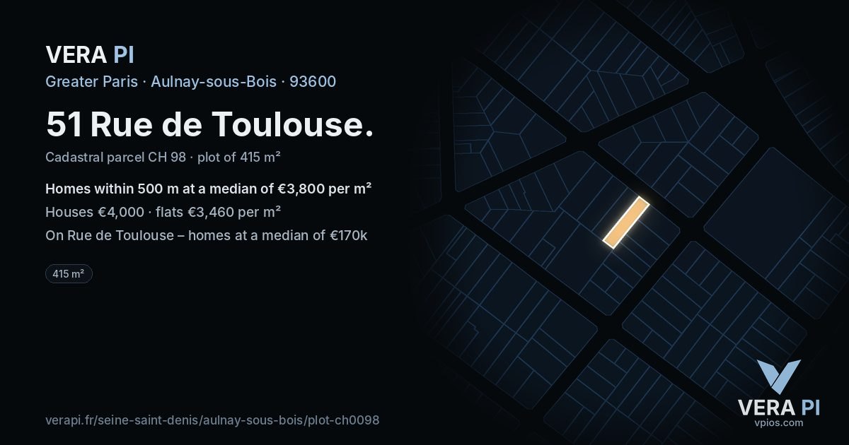 51 Rue de Toulouse, Aulnay-sous-Bois at night – the plot lit, the parcels around coloured by the prices near them