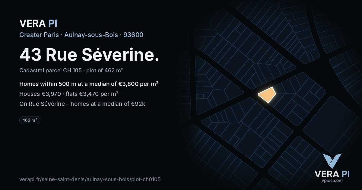 43 Rue Séverine, Aulnay-sous-Bois at night – the plot lit, the parcels around coloured by the prices near them