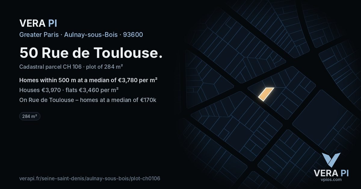 50 Rue de Toulouse, Aulnay-sous-Bois at night – the plot lit, the parcels around coloured by the prices near them