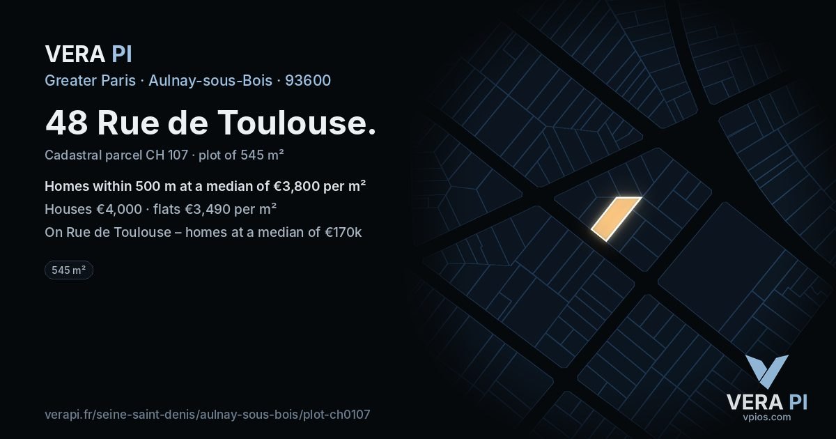 48 Rue de Toulouse, Aulnay-sous-Bois at night – the plot lit, the parcels around coloured by the prices near them