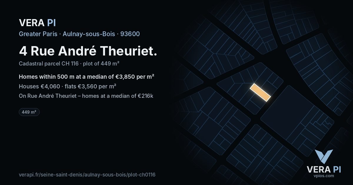 4 Rue André Theuriet, Aulnay-sous-Bois at night – the plot lit, the parcels around coloured by the prices near them