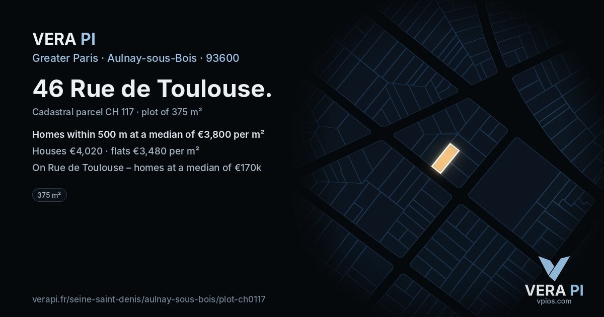 46 Rue de Toulouse, Aulnay-sous-Bois at night – the plot lit, the parcels around coloured by the prices near them